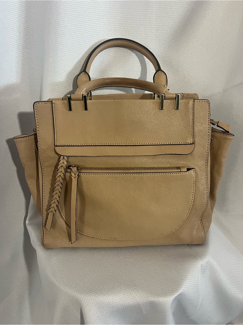Vince Camuto Beige-Tan Leather Top-Handle Satchel